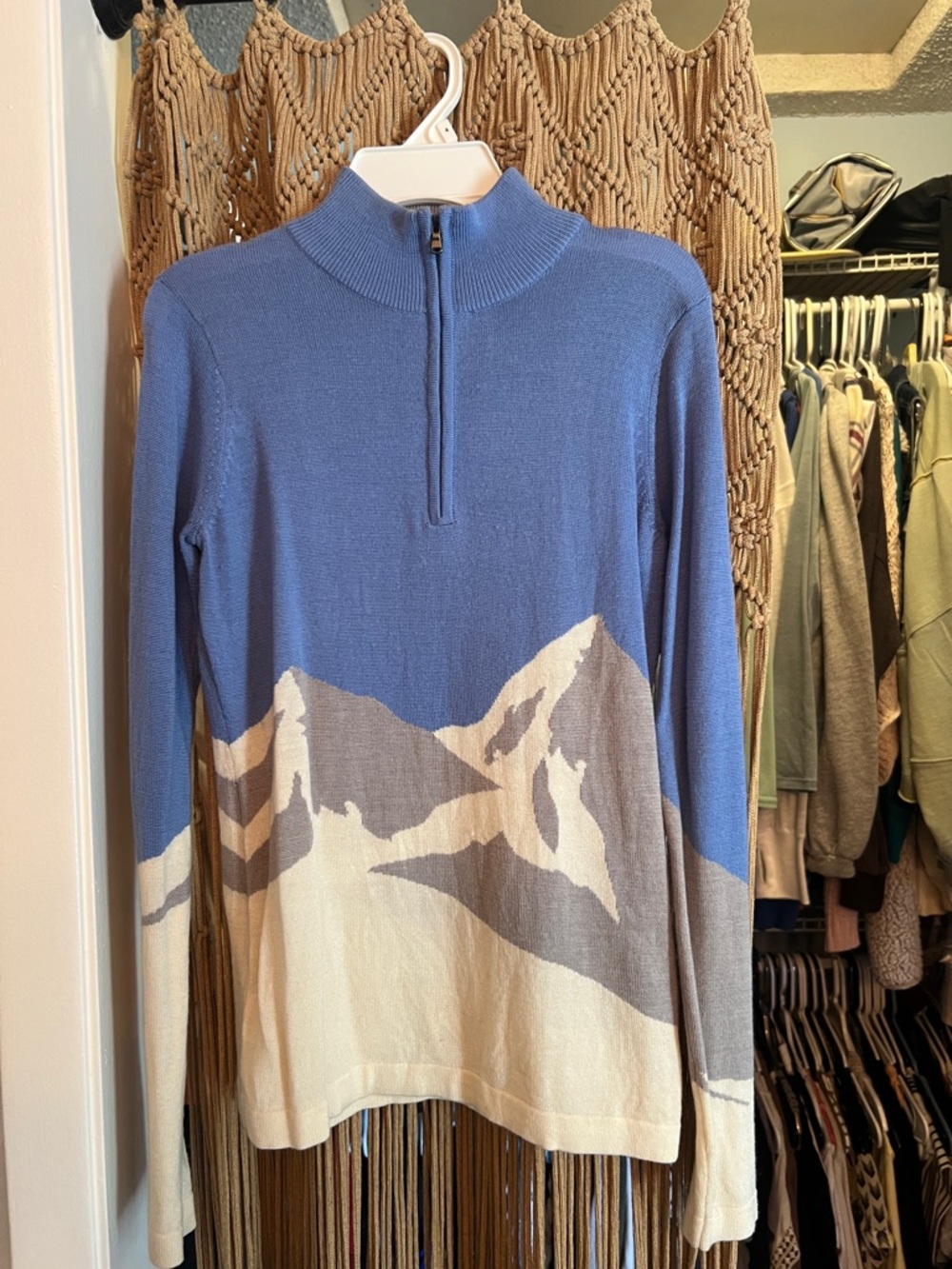 Blue Mountain-Print Half-Zip Turtleneck Sweater